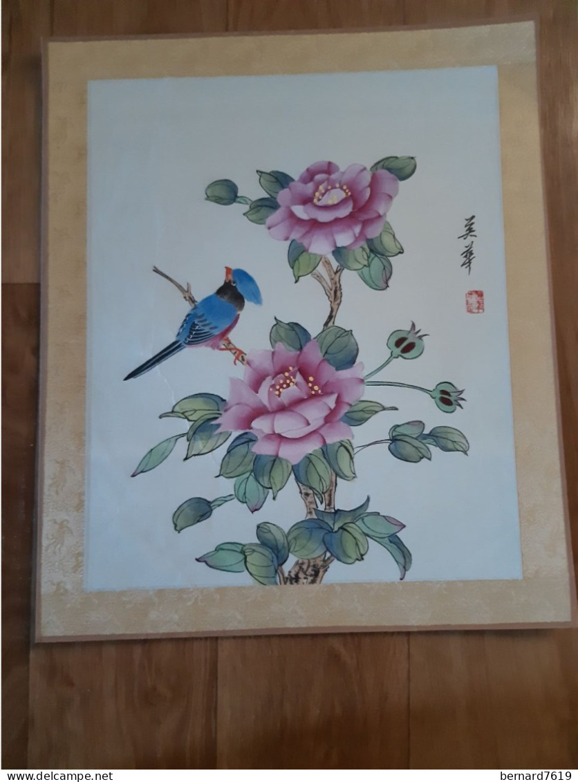 Peinture Sur Soie  XX E  Peinte A La Main En Chine - Signee - Fleur -  Oiseau - Art Asiatique