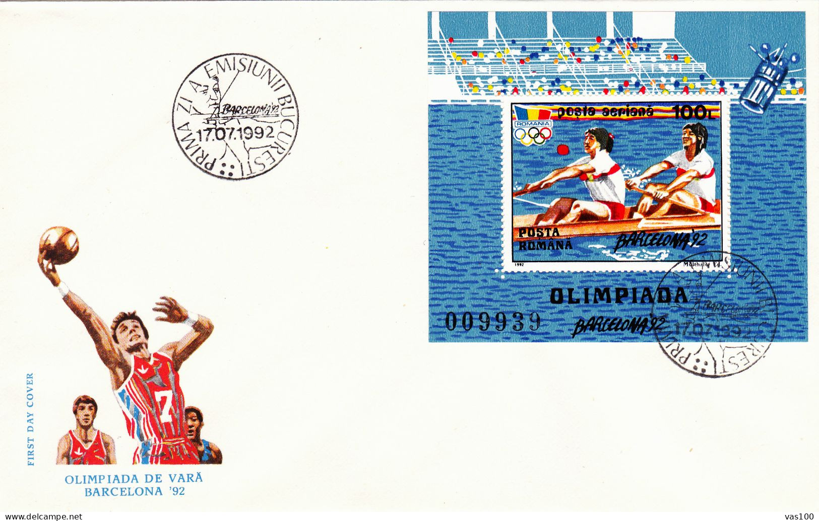 OLYMPIC GAMES, BARCELONA'92, SUMMER, ROWING, BASKETBALL, COVER FDC, 1992, ROMANIA - FDC