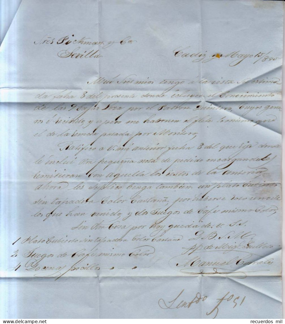 Prefilatelia 1845 Carta A Sevilla Marcas Roja  Cadiz Y Porteo 6 ,Miguel Guilloto - ...-1850 Préphilatélie