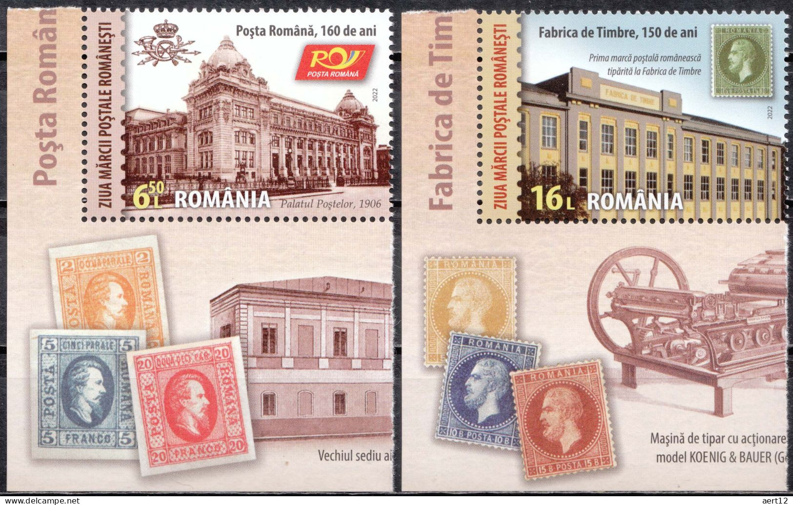 2022, Romania, Stamp Day, Government Buildings, Post Offices, Postal History, 2 Stamps, MNH(**), LPMP 2377 - Ongebruikt