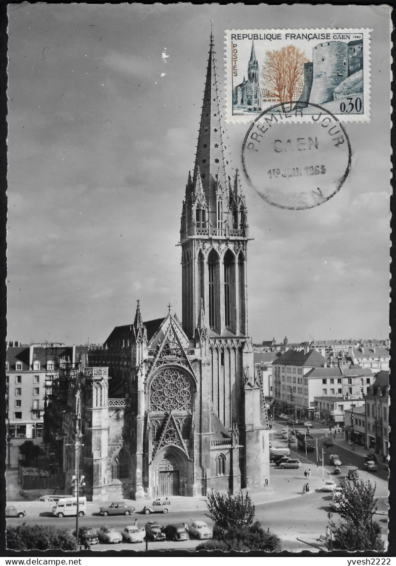 France 1963 Y&T 1389 Sur 2 Cartes Maxima. Caen : église Et Place Saint Pierre, Jardins Et Remparts Du Château - Eglises Et Cathédrales