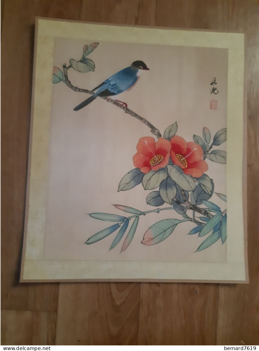 Peinture Sur Soie  XX E  Peinte A La Main En Chine - Signee - Fleur -  Oiseau - Arte Asiatica