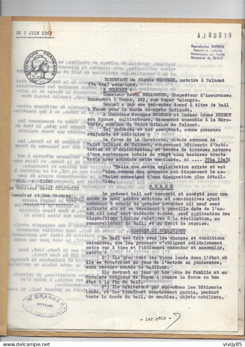 85 - St HILAIRE DE TALMONT - ( La Maroterie ) - Acte Notarié 1967 - Bail De M.DELAROCHE à M. G.Bulteau - Decrees & Laws