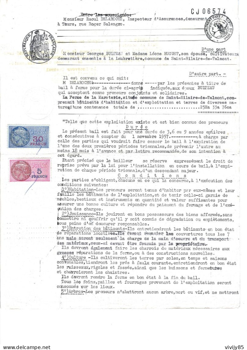85 - St HILAIRE DE TALMONT - ( La Maroterie ) - Acte Notarié 1967 - Bail De M.DELAROCHE à M. G.Bulteau - Decretos & Leyes