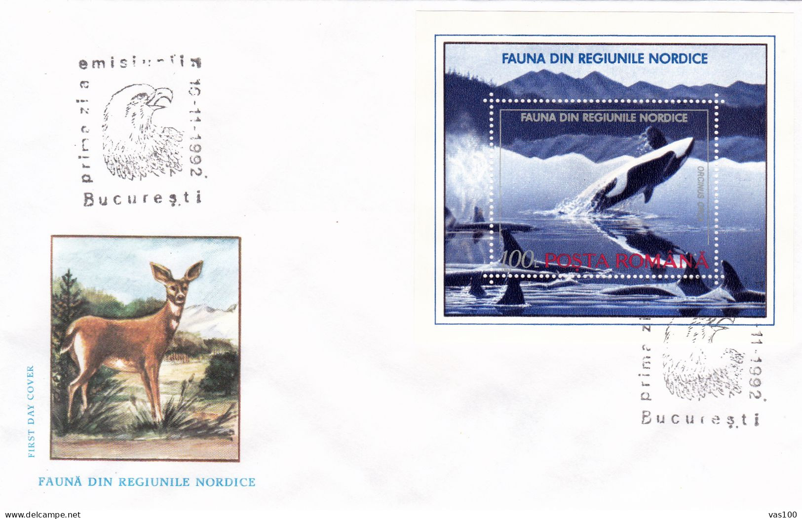 ANIMALS, NORTHERN TERRITORIES FAUNA, BIRDS, MAMMALS, KILLER WHALE, ORCA, COVER FDC, 1992, ROMANIA - FDC