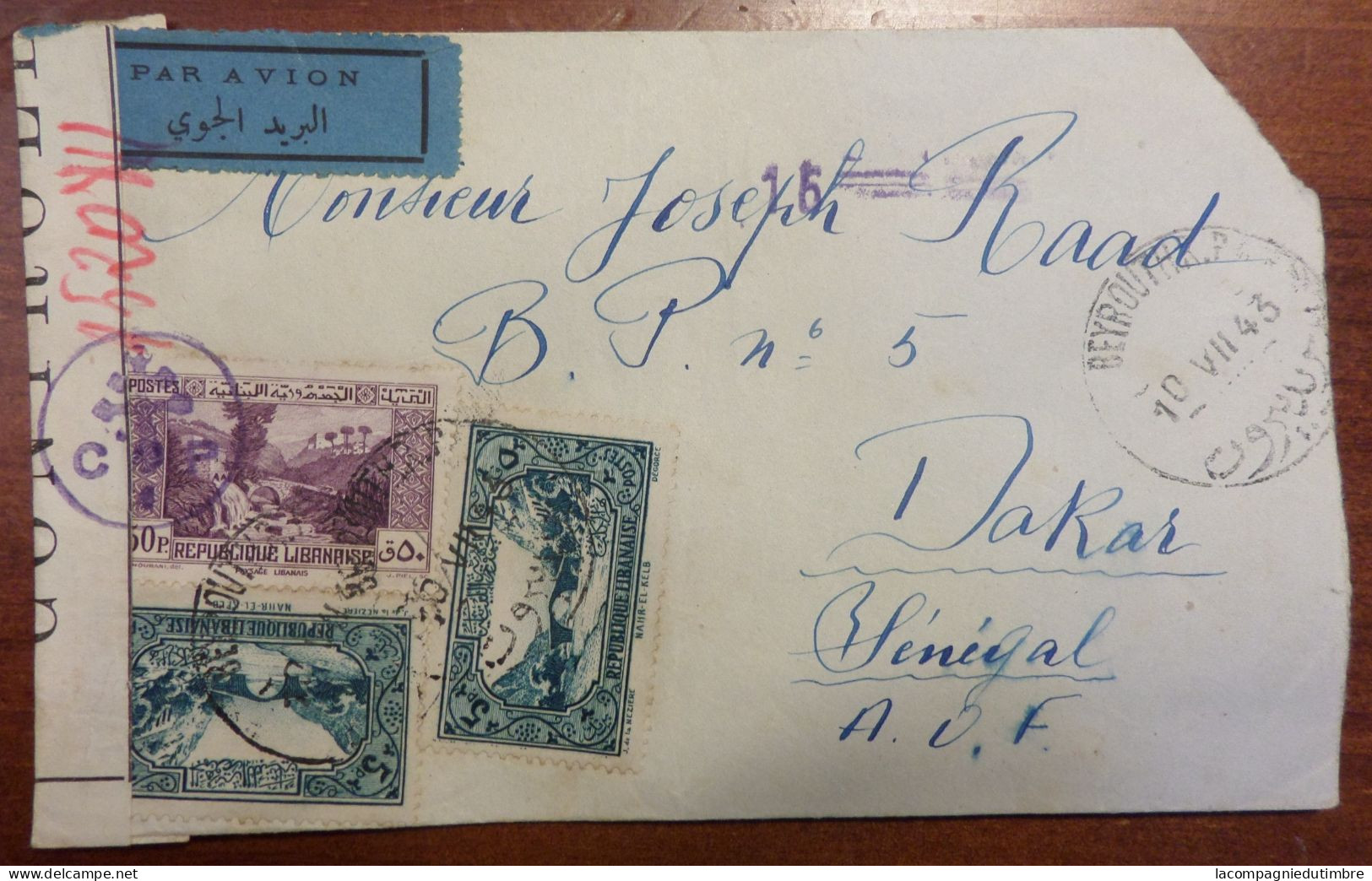 Grand Liban Belle Lettre Entière De 1943. Affranchissement Composé Et Contrôle Postal. TB - Lettres & Documents
