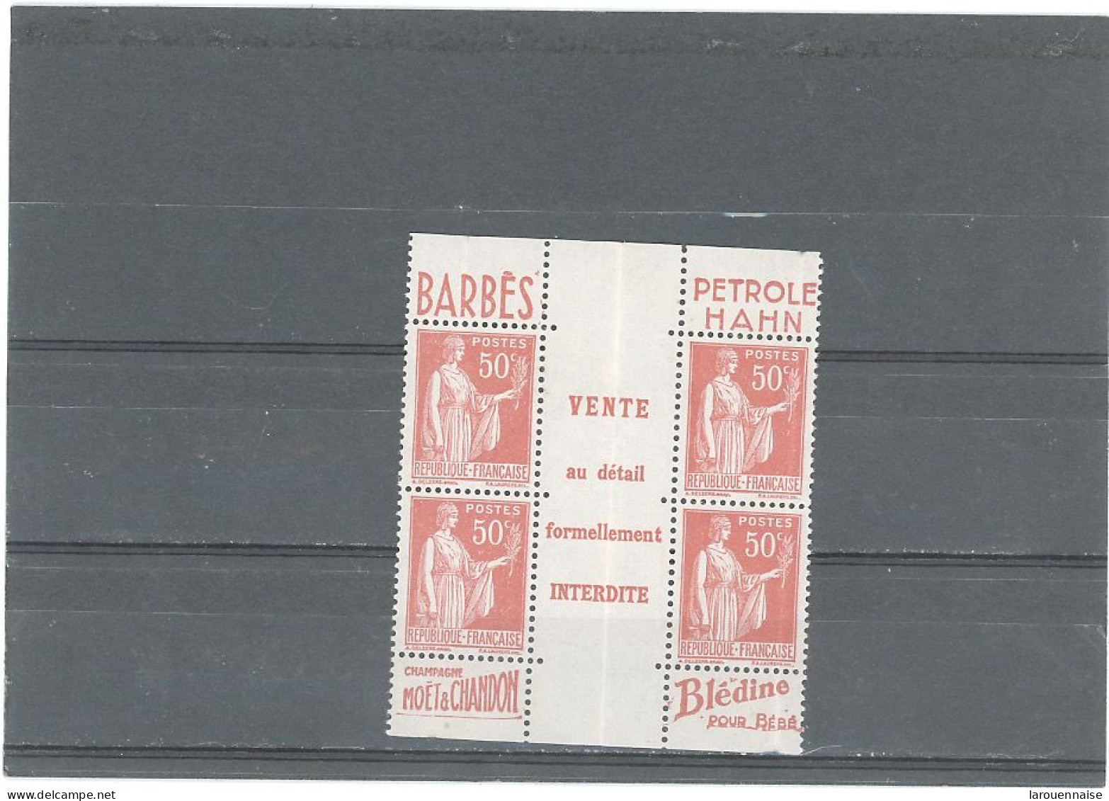 BANDE PUB -N°283e PAIX 50 C - N**  2 PAIRES VERTICALES AVEC BANDE INTERFEUILLÉ -MAURY 222 C +227b - Neufs