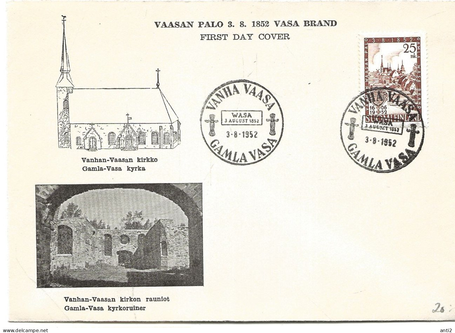 Finland   1952  Centenary  Destruction Of  Vaasa By Fire, The Old Vaasa; Painting By Johan Gustav Hedman  Mi 411 FDC - Lettres & Documents