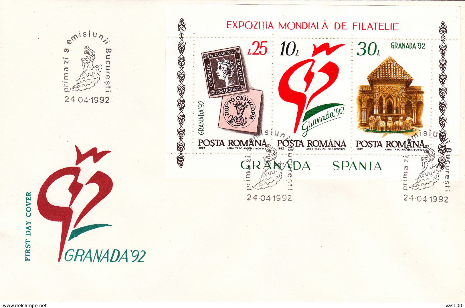 PHILATELIC EXHIBITION, GRANADA, 1992, COVER FDC, ROMANIA - FDC