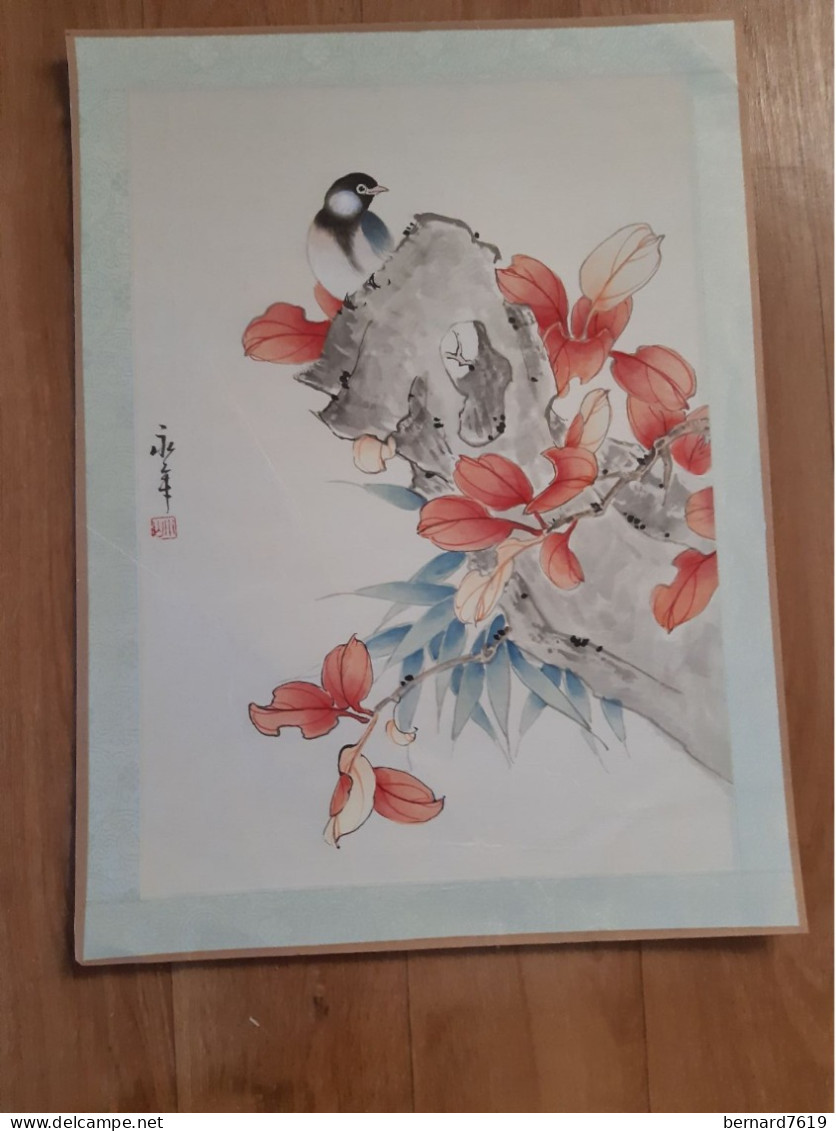 Peinture Sur Soie  XX E  Peinte A La Main En Chine - Signee - Fleur - Oiseau - Arte Asiático