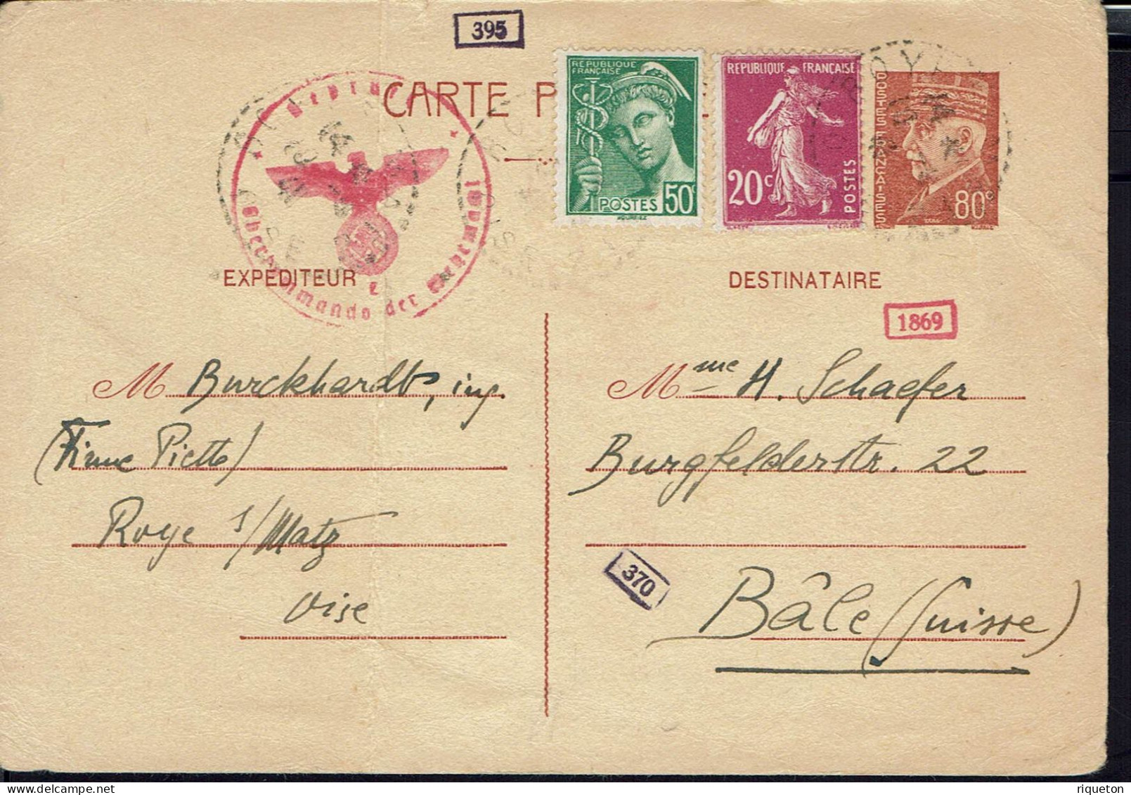 Entier Postal Pétain 80 C. + Compl. 70 C. Semeuse + Mercure De Roye S/ Matz Du 10/9/41 Pour La Suisse. Cachet De Censure - Cartes Postales Types Et TSC (avant 1995)