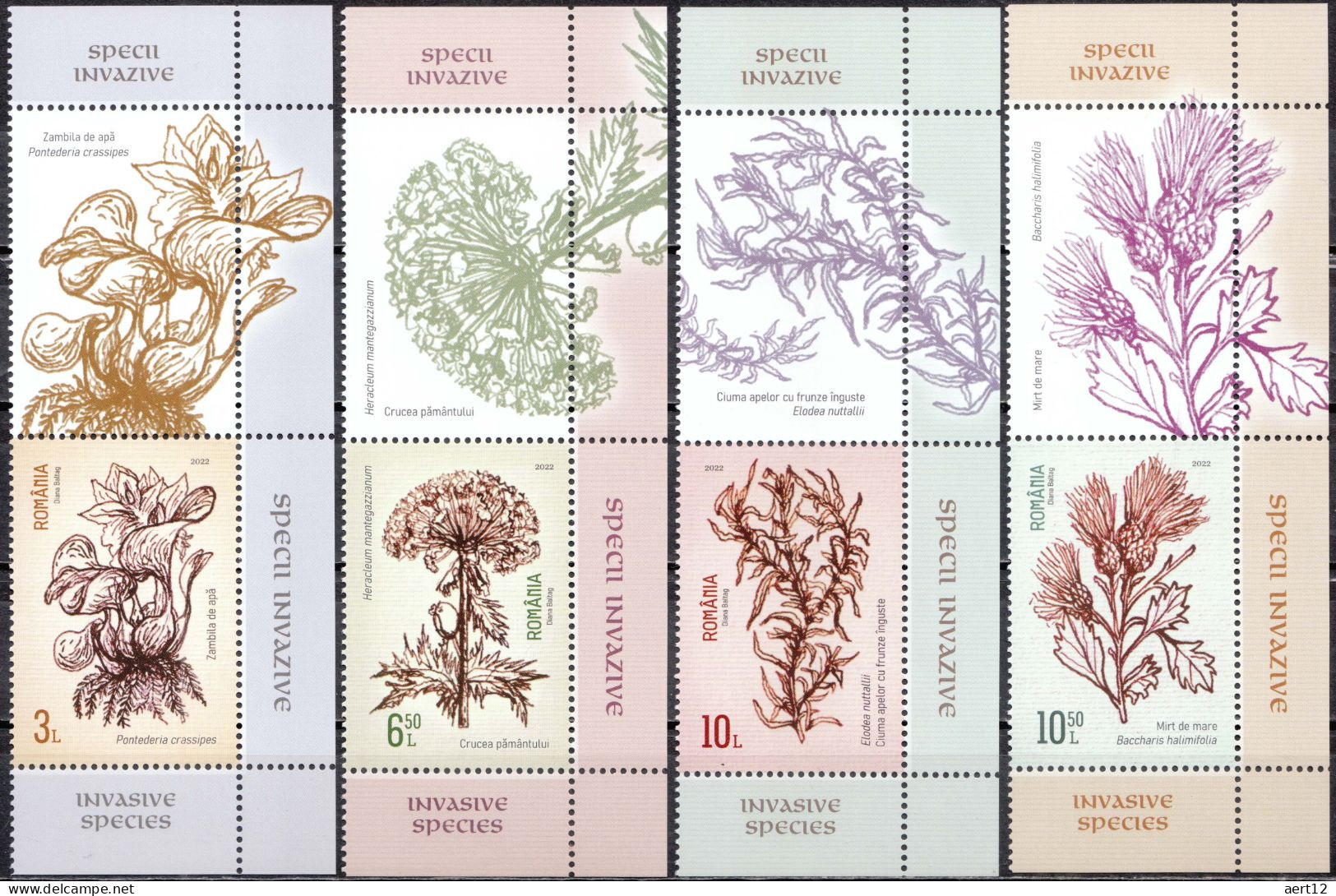 2022, Romania, Invasive Species, Plants, Flora, 4 Stamps+Label, MNH(**), LPMP 2374 - Unused Stamps