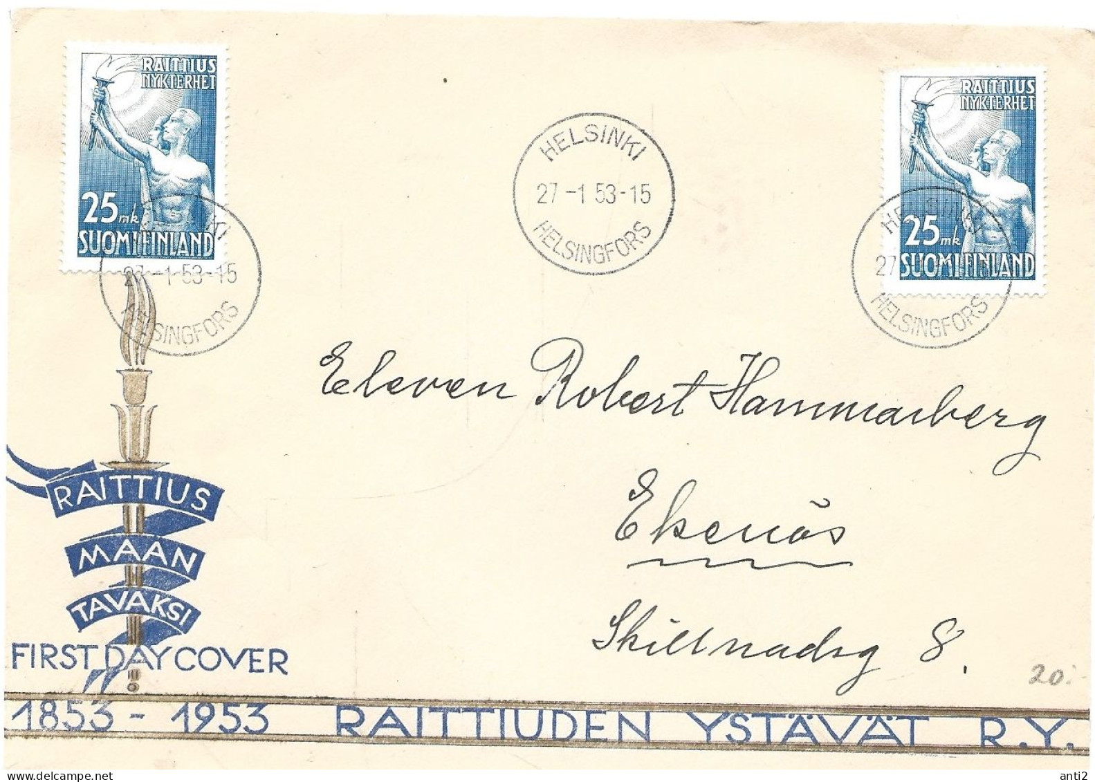 Finland   1953  Centenary Of The Anti-Alcohol Movement In Finland  Mi 416 FDC - Cartas & Documentos