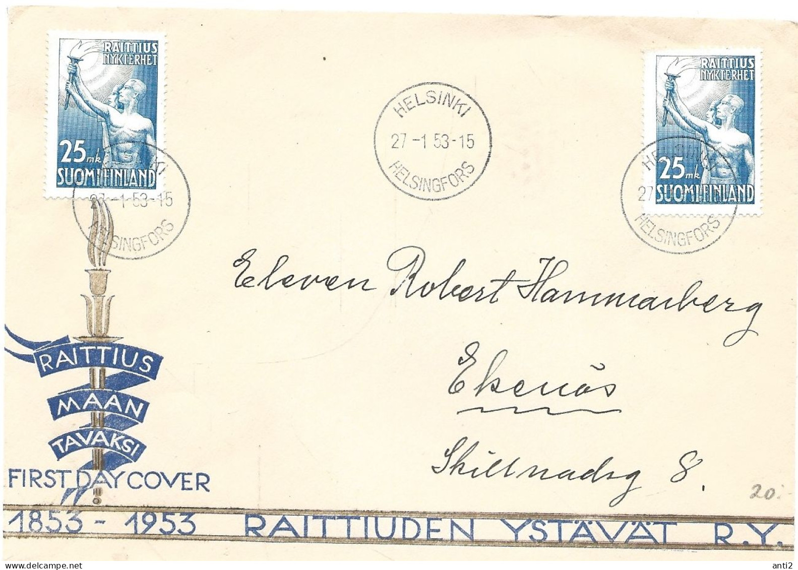 Finland   1953  Centenary Of The Anti-Alcohol Movement In Finland  Mi 416 FDC - Covers & Documents