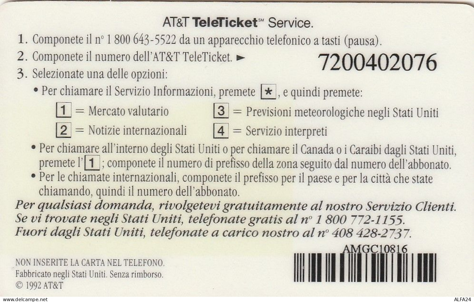 PREPAID PHONE CARD STATI UNITI AT T (E53.39.7 - AT&T