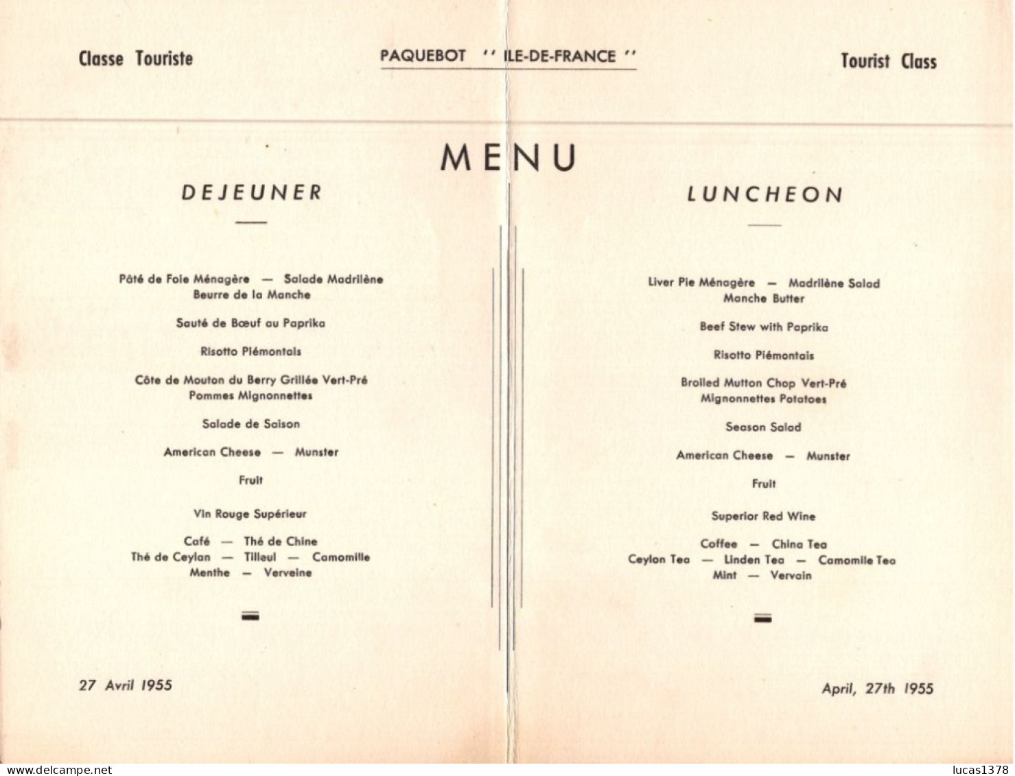 MENU PAQUEBOT ILE DE FRANCE 27  AVRIL 1955 - Menus