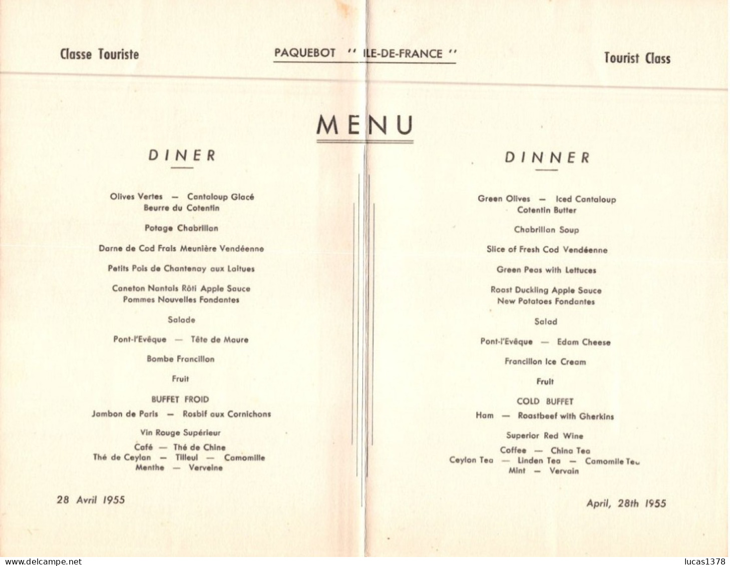 MENU PAQUEBOT ILE DE FRANCE 28  AVRIL 1955 - Menükarten