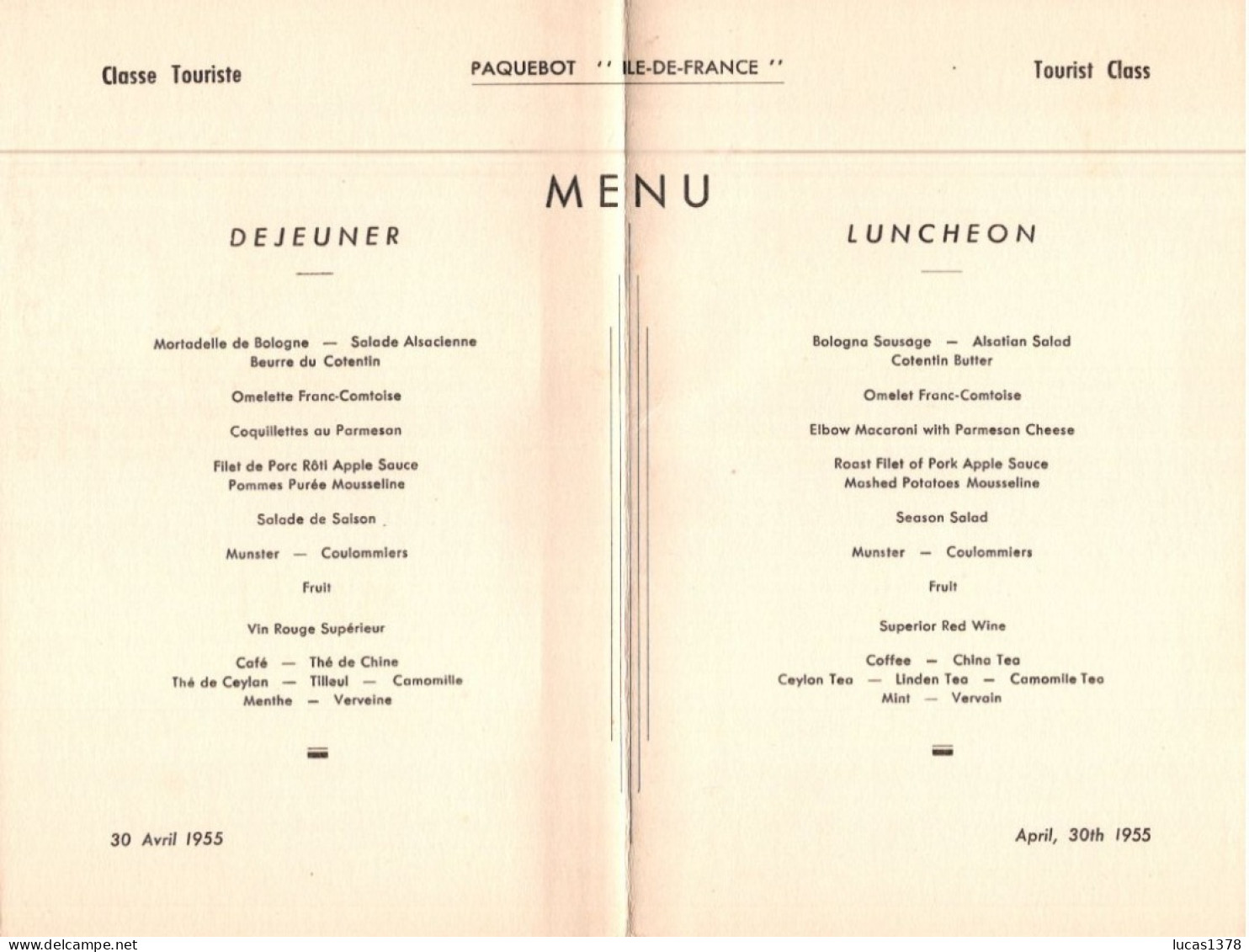 MENU PAQUEBOT ILE DE FRANCE 30  AVRIL 1955 - Menus