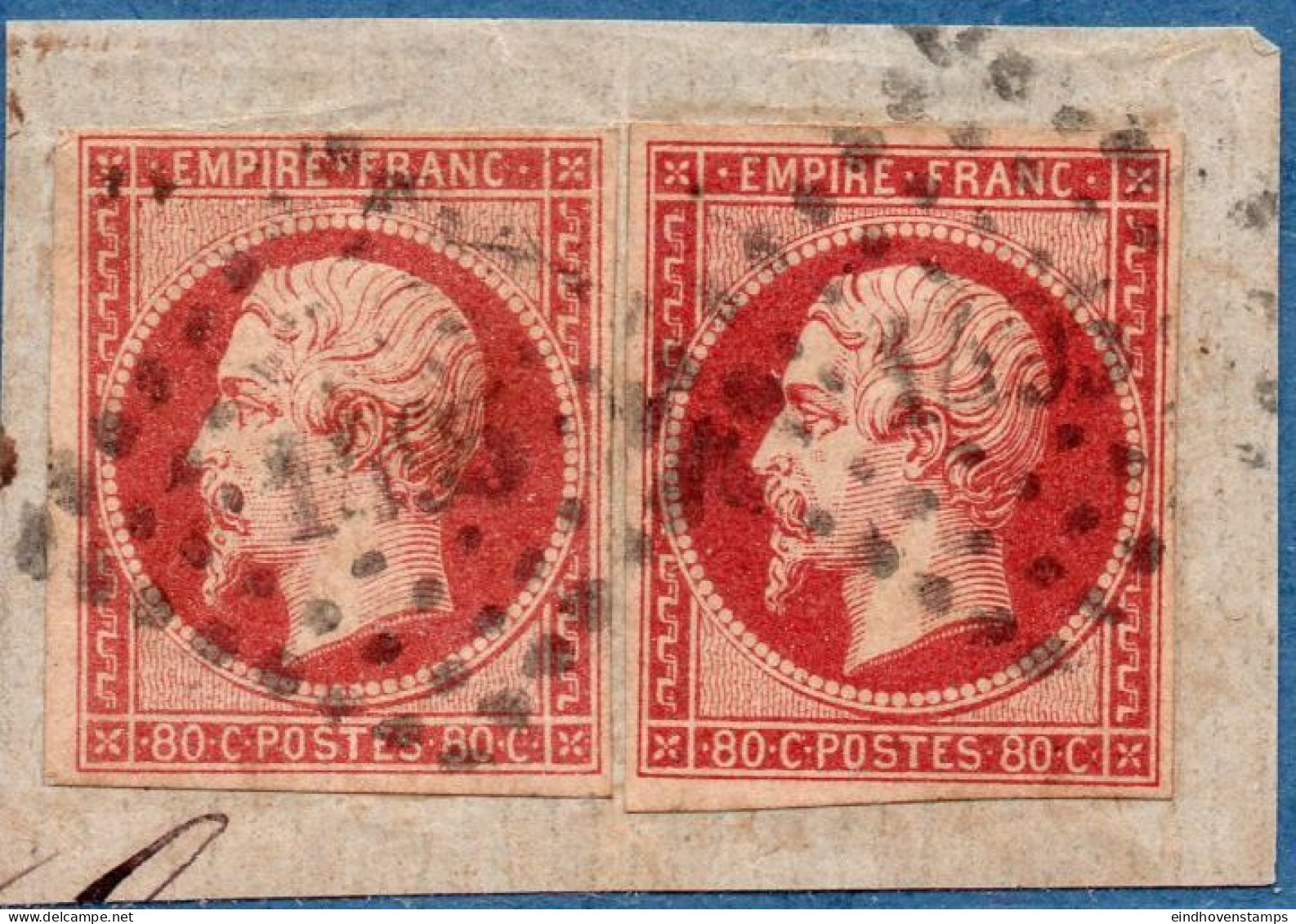 France 1853, 80 C Obliteré PC 1495 Le Havre Cancelled, Piece With 2 Stamps - 1853-1860 Napoleone III