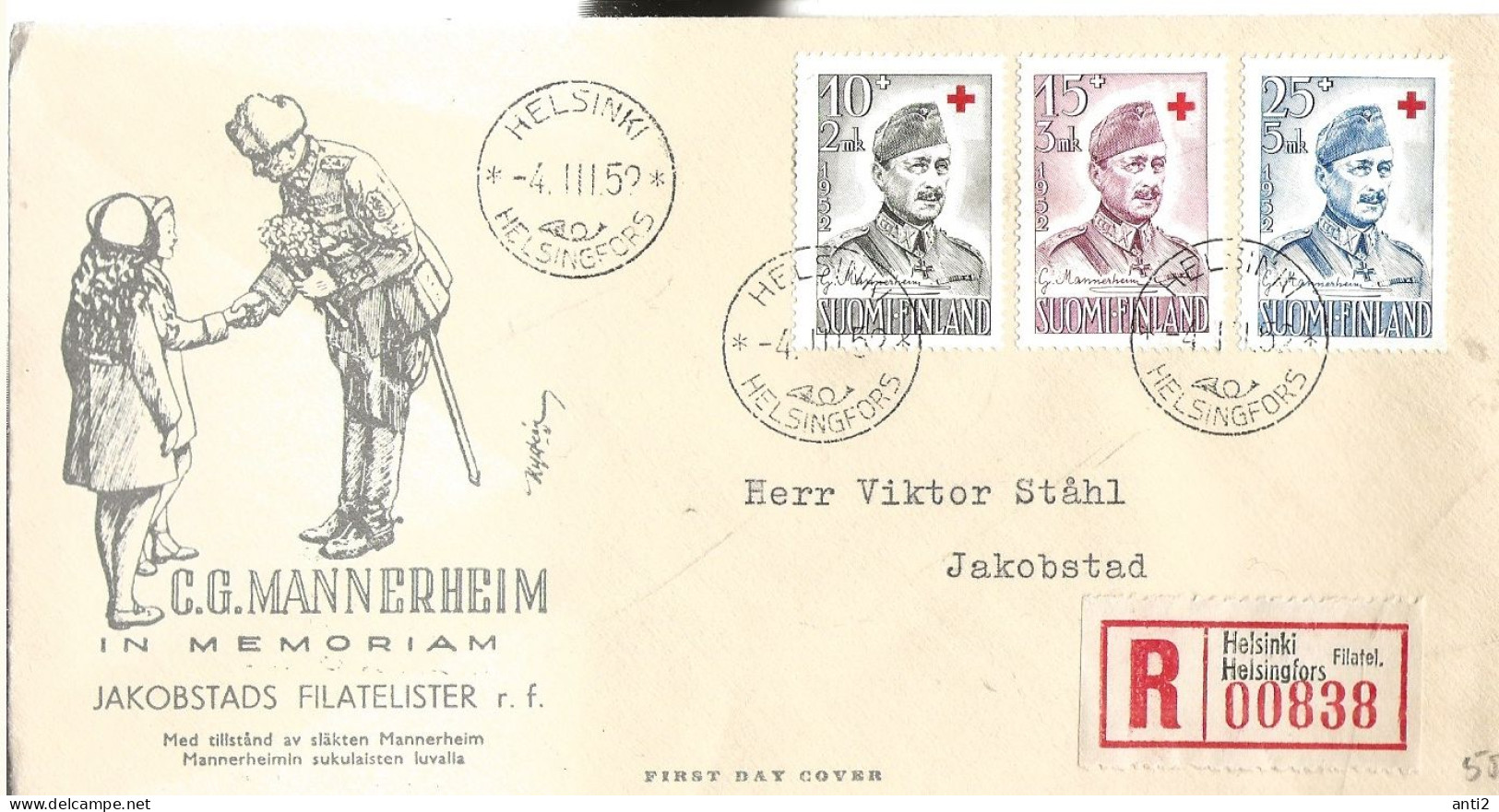 Finland   1952  Red Cross, Carl Gustaf Emil Mannerheim (1867-1951), Marshal And President  Mi 407-409 FDC - Covers & Documents