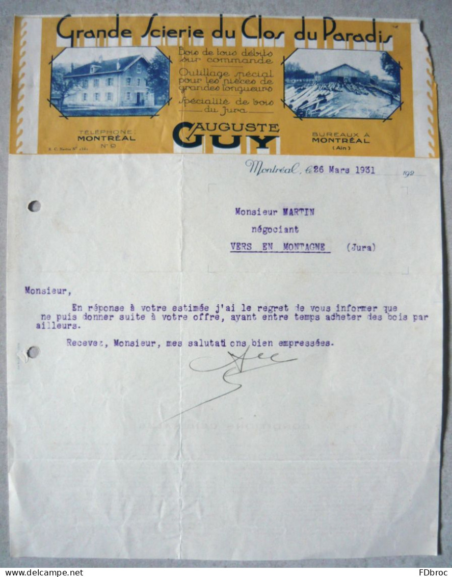 Ancien Courrier Grande Scierie Du Clos Du Paradis - Ets Guy Auguste  Déc. 1931  Montréal ( 01 Ain ) Facture - 1900 – 1949