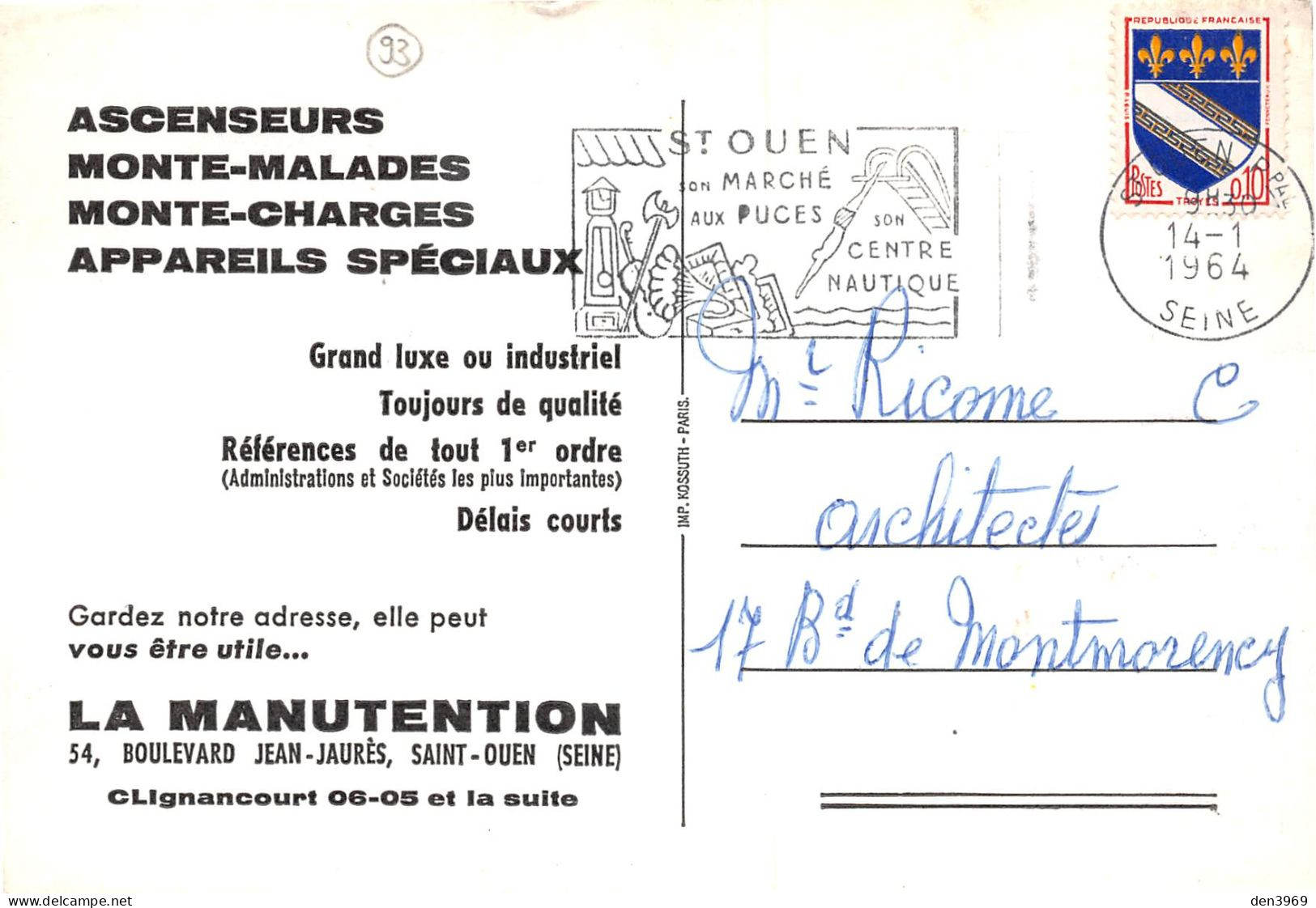SAINT-OUEN (Seine-Saint-Denis) - Ascenseurs La Manutention, 54 Boulevard Jean Jaurès - Pin-up - Voyagé 1964 (2 Scans) - Saint Ouen