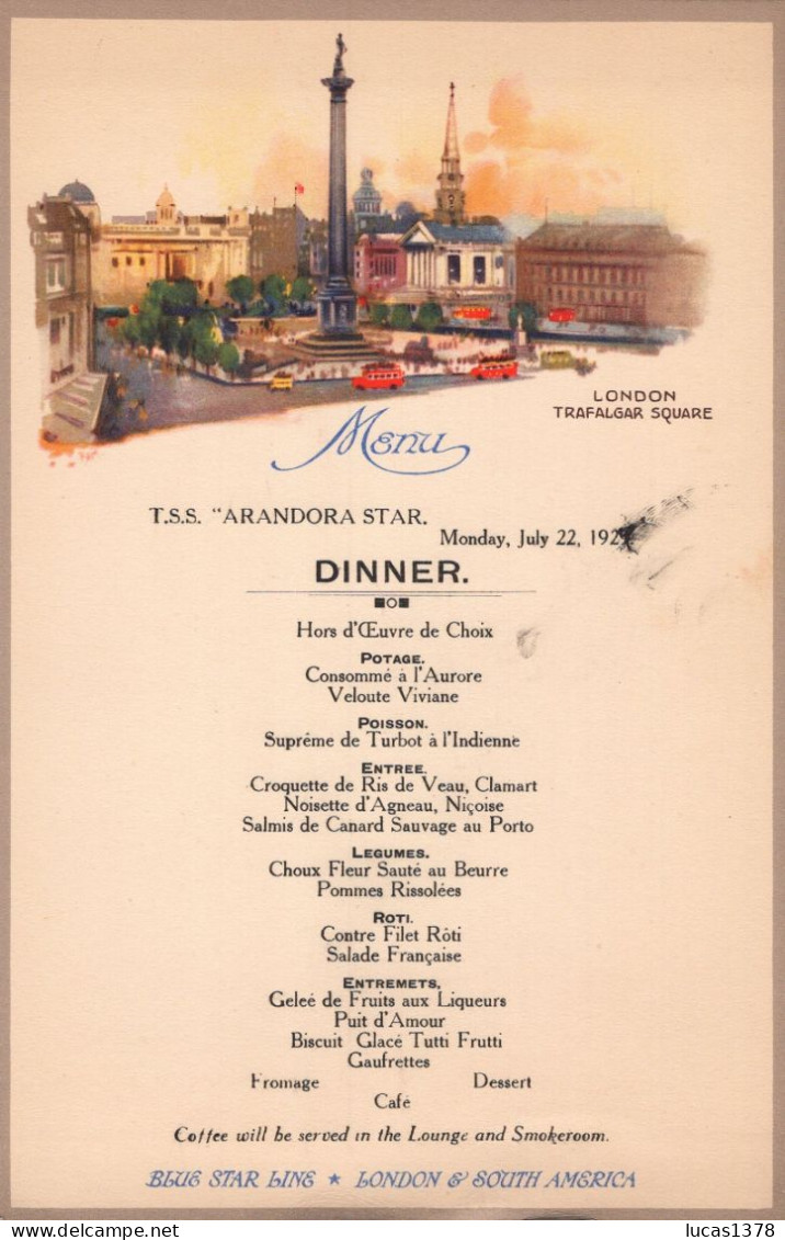 BLUE STAR LINE / MENU PAQUEBOT T.S.S ARANDORA STAR / 1929 / LONDON - Menus