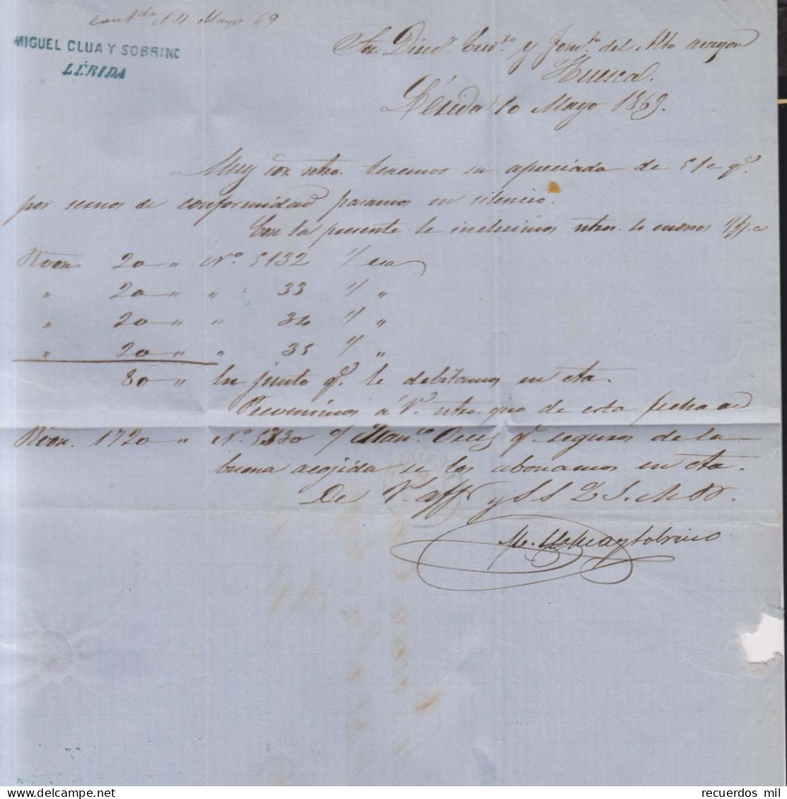 Año 1868 Edifil 98 50ml  Isabel II Carta Matasellos Rejilla Cifra 32 Lerida Membrete Miguel Clua Y Sobrino - Cartas & Documentos