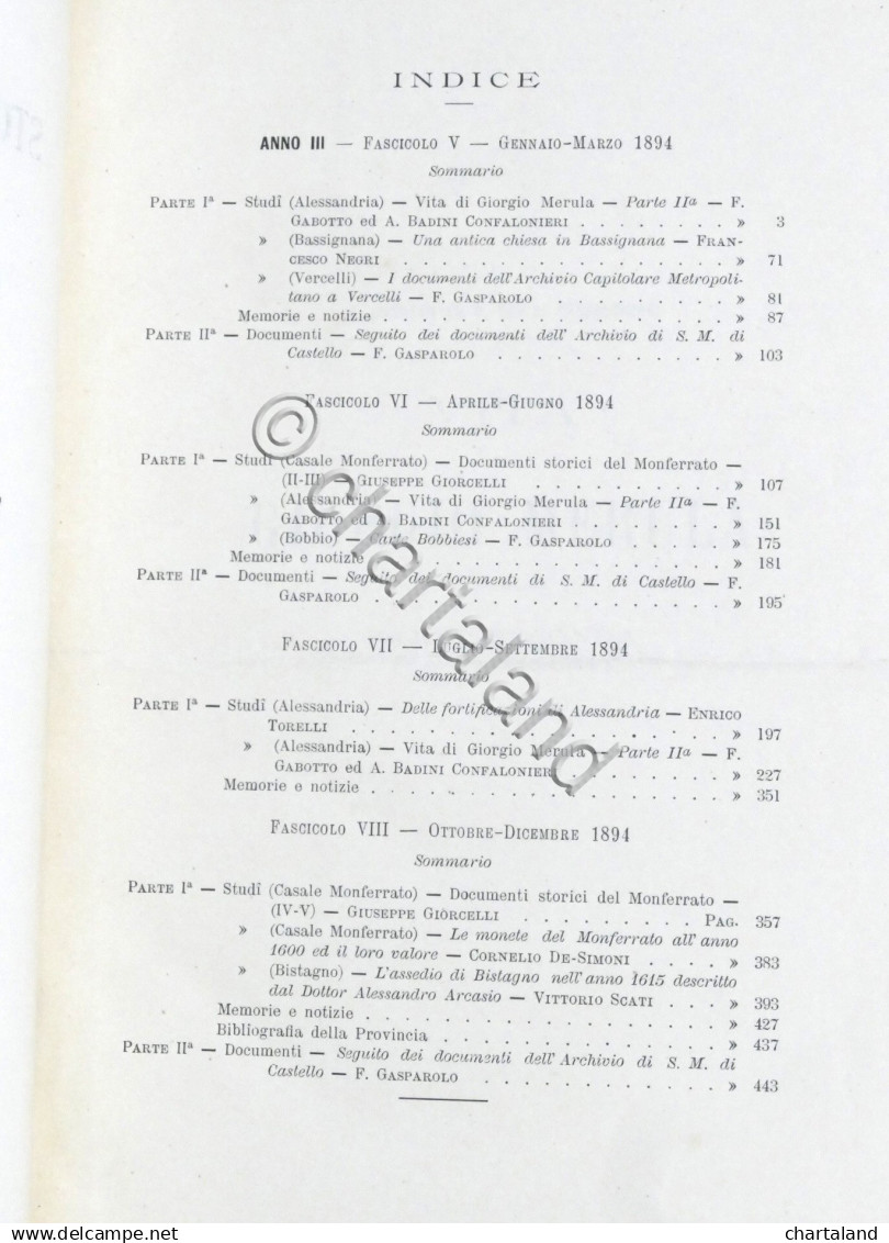 Rivista Di Storia Arte Archeologia Prov. Di Alessandria - Anno III Completo 1894 - Sonstige & Ohne Zuordnung