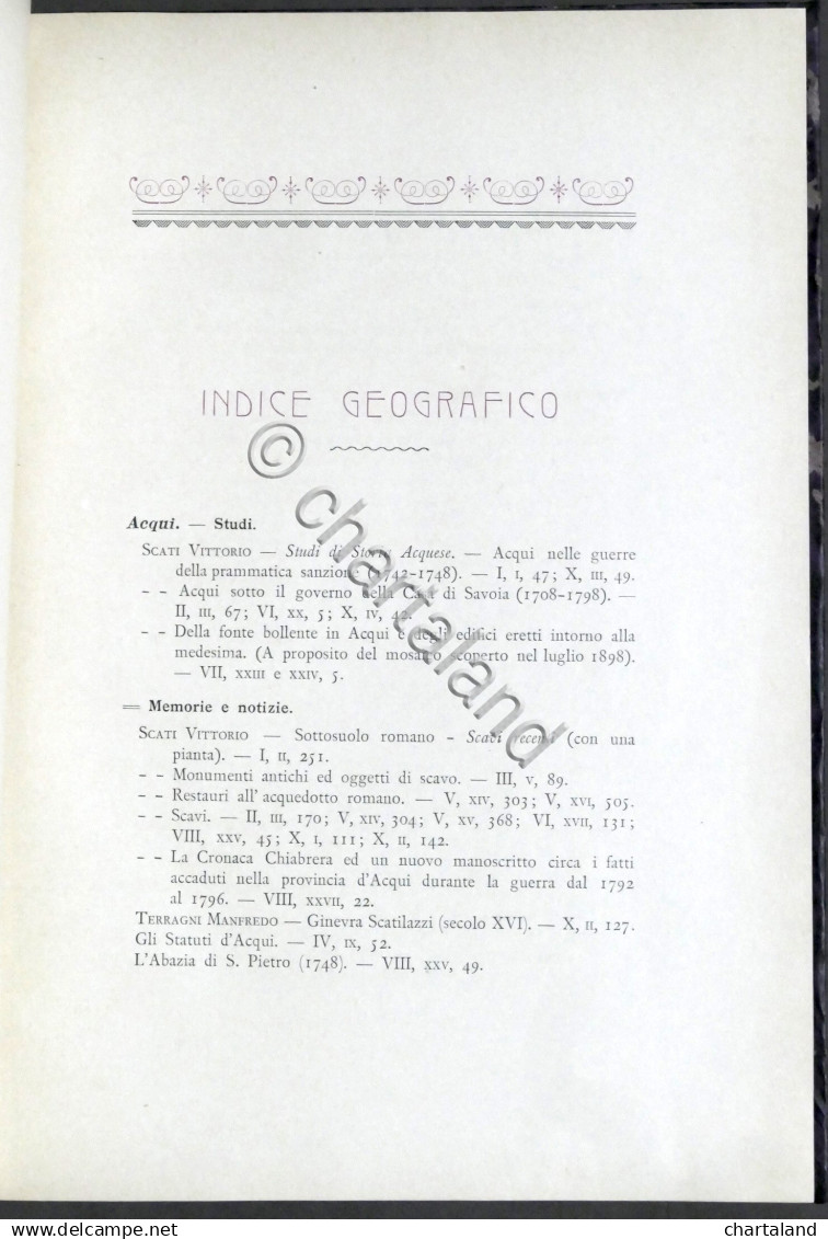 Rivista Di Storia Arte Archeologia Prov. Alessandria - Indice Tripartito - 1902 - Sonstige & Ohne Zuordnung