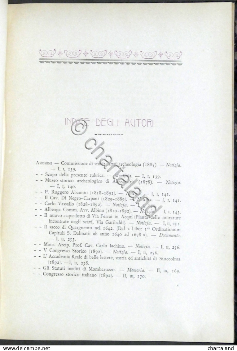 Rivista Di Storia Arte Archeologia Prov. Alessandria - Indice Tripartito - 1902 - Altri & Non Classificati