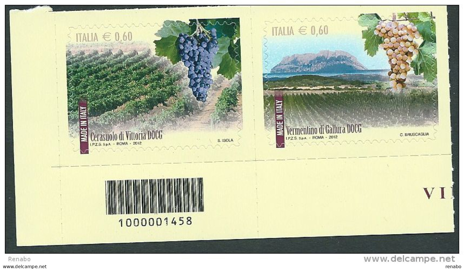 Italia 2012; Vini DOCG "Made In Italy": Coppia Con L’ Unica Barra Del Foglietto. - Code-barres