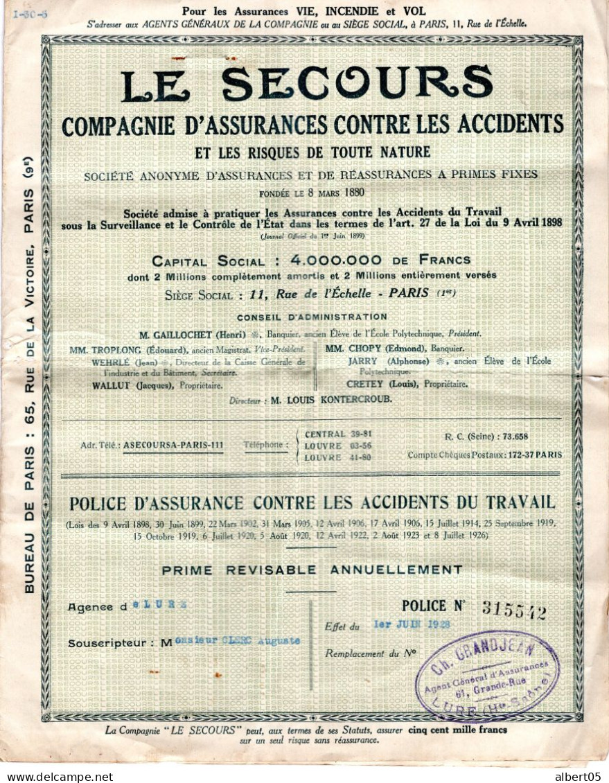 Police D'assurance Contre Les Accidents Du Travail - Lure Le 1er Juin 1926 - Zonder Classificatie