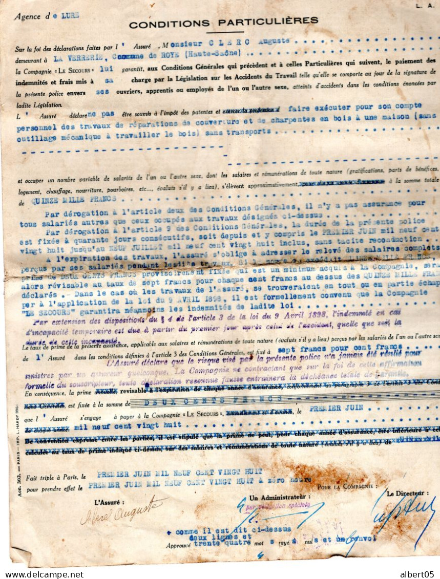 Police D'assurance Contre Les Accidents Du Travail - Lure Le 1er Juin 1926 - Non Classés