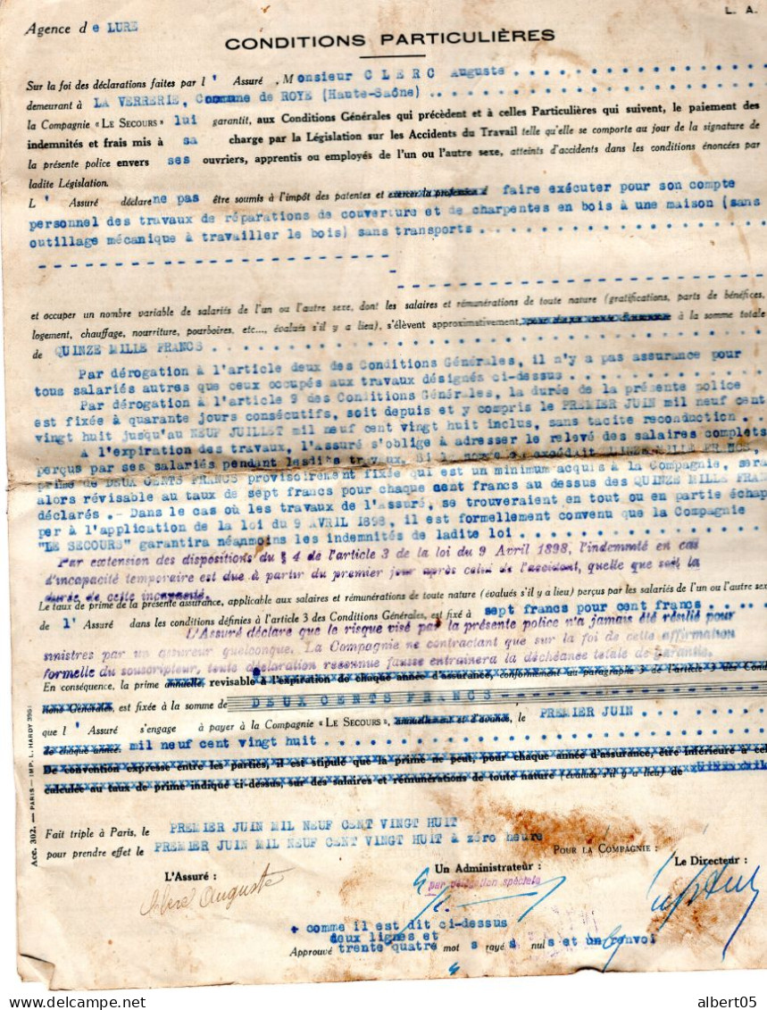 Police D'assurance Contre Les Accidents Du Travail - Lure Le 1er Juin 1926 - Unclassified