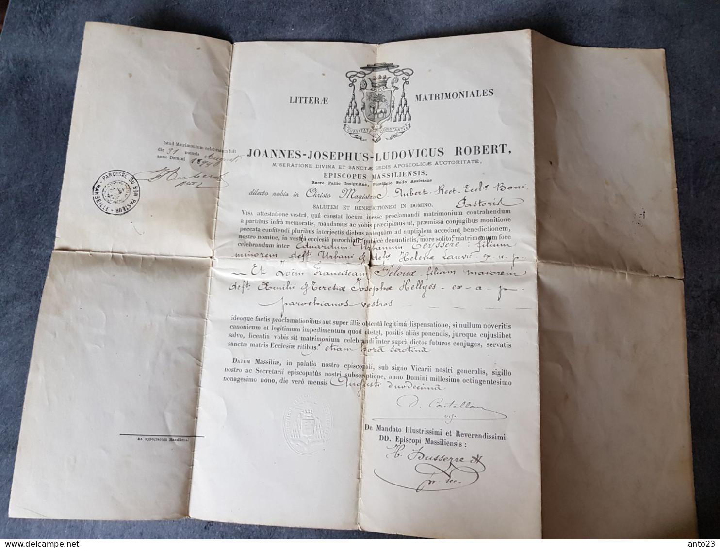 Document établit Par La Paroisse Bon Pasteur A Marseille Pour Le Batêmes D Un Enfant Réalisé En 1899 - Religion &  Esoterik