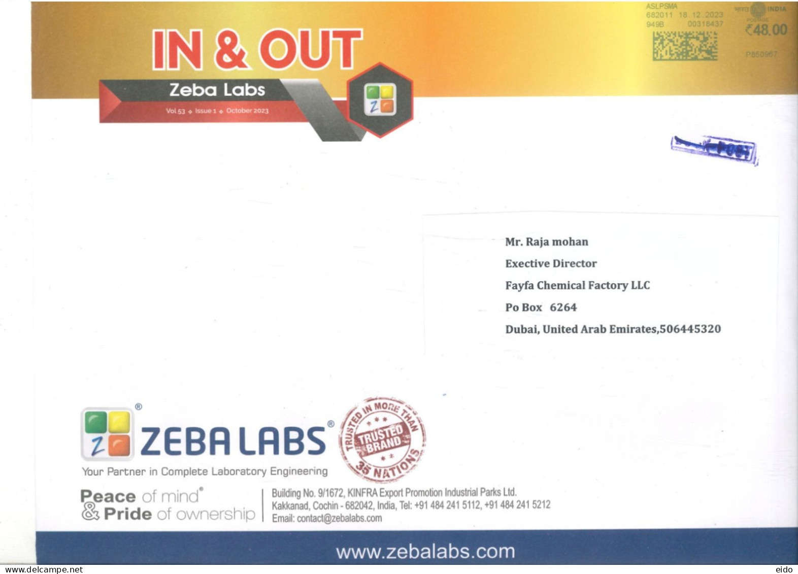 INDIA - 2024 - POSTAL FRANKING MACHINE COVER TO DUBAI.. - Covers & Documents