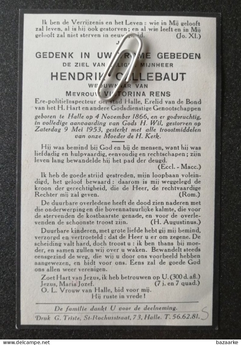 HENDRIK CALLEBAUT ° HALLE 1866 + 1953 / VICTORINA RENS  / ERE POLITIEINSPECTEUR - Santini