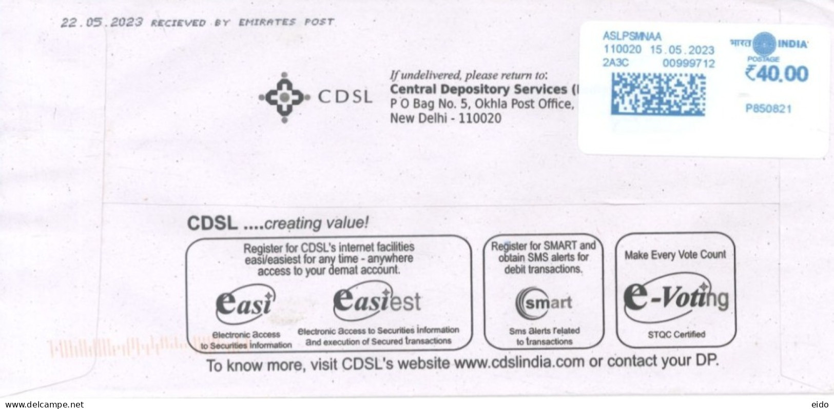 INDIA - 2023 - POSTAL FRANKING MACHINE LABEL COVER TO DUBAI.. - Covers & Documents