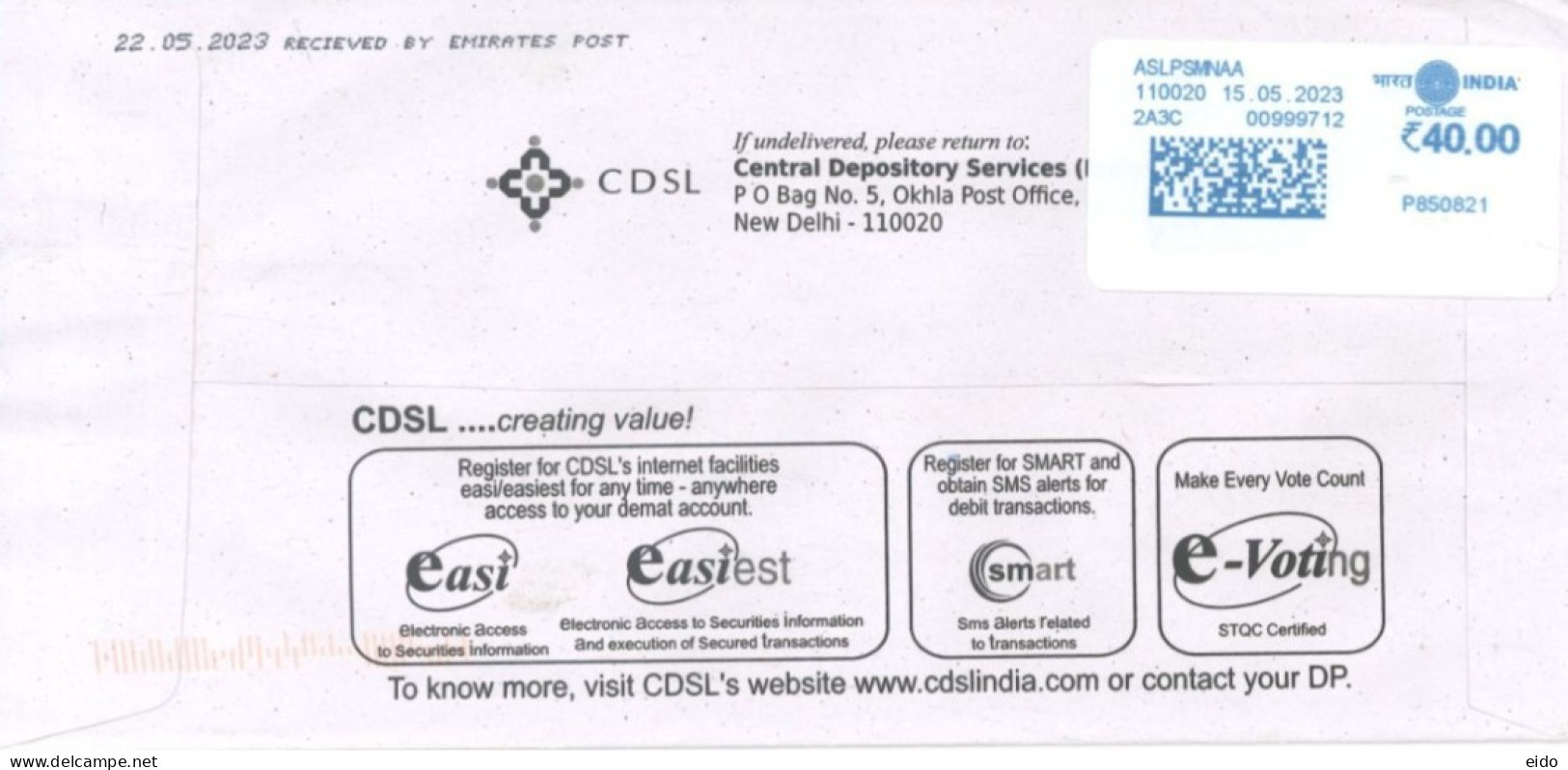 INDIA - 2023 - POSTAL FRANKING MACHINE LABEL COVER TO DUBAI.. - Brieven En Documenten