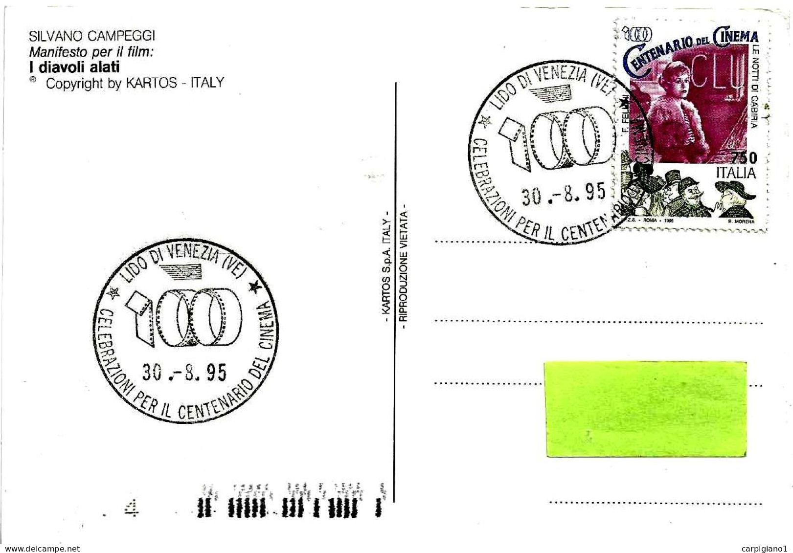 ITALIA ITALY -1995 LIDO VENEZIA Centenario Cinema (pellicola Che Forma Il Numero 100) Su Cartolina DIAVOLI ALATI - 8332 - 1991-00: Poststempel