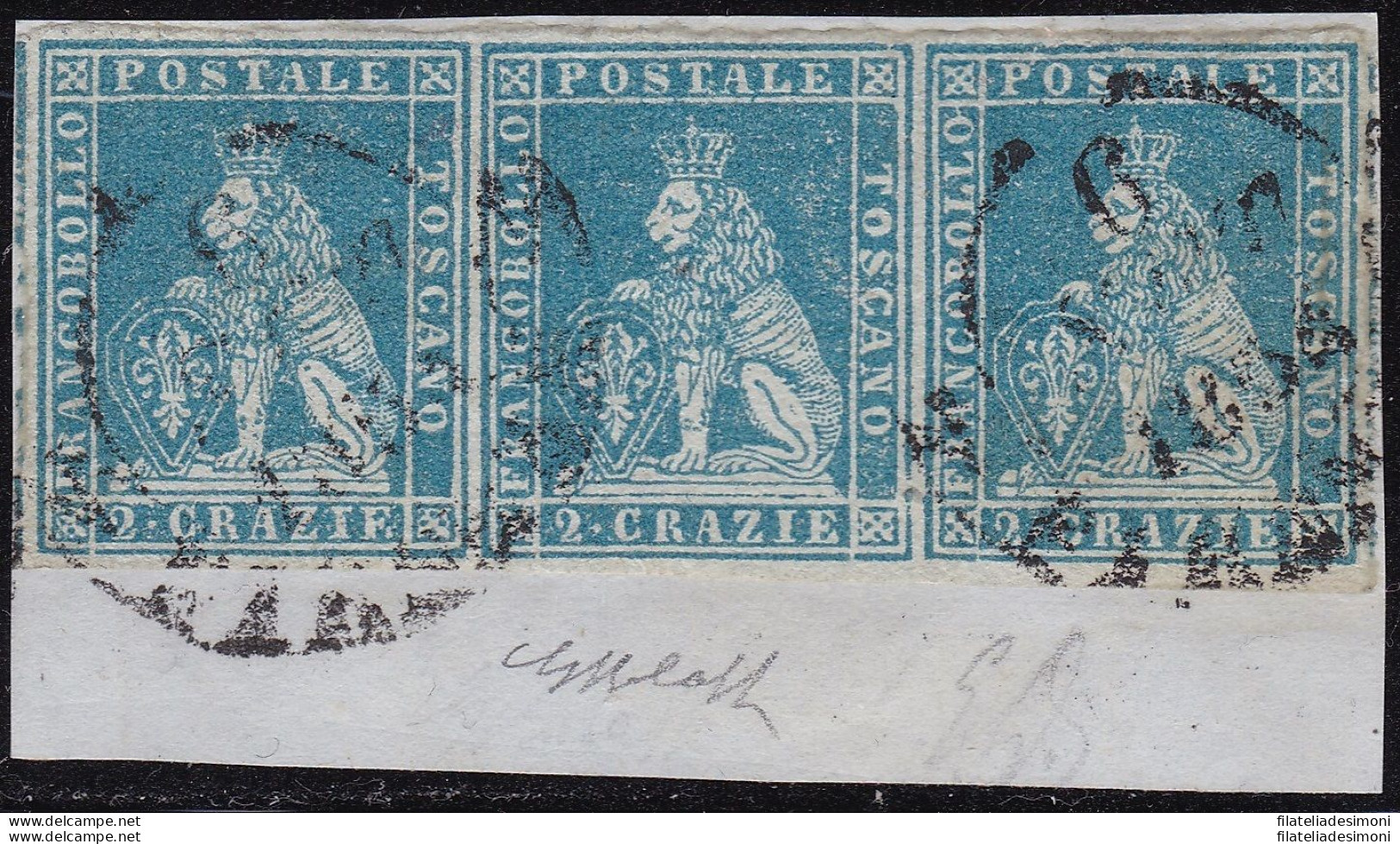 1851-52 TOSCANA, N. 5d - 2 Crazie Azzurro Su Grigio ,  STRISCIA DI TRE SU FRAMME - Toscane