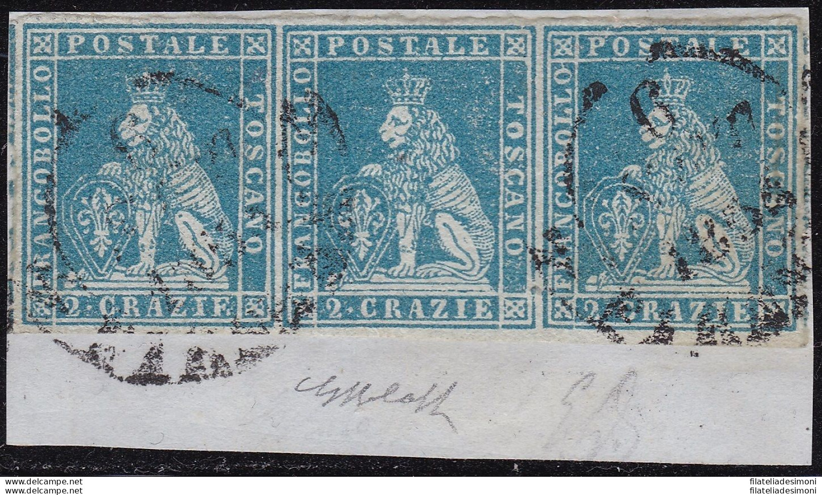 1851-52 TOSCANA, N. 5d - 2 Crazie Azzurro Su Grigio ,  STRISCIA DI TRE SU FRAMME - Toskana