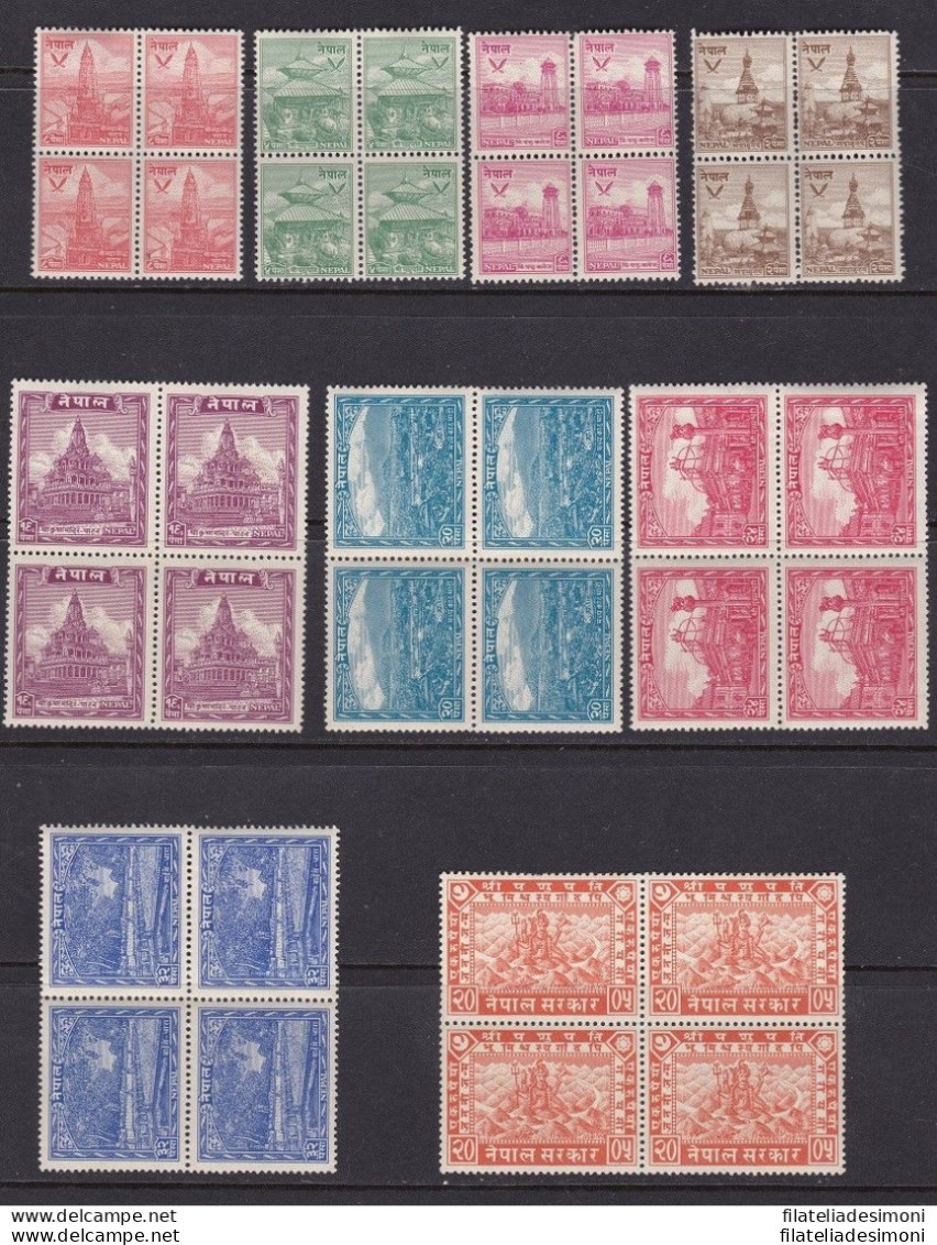 1949 NEPAL, SG N° 64/72  9 Valori  MNH/** RARI BLOCCHI DI QUATTRO - Nepal