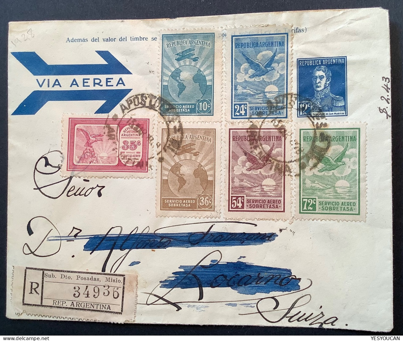 APOSTOLES MISIONES 1928 (Posadas) Cds On Via Aerea 12c Postal Stationery Enveloppe>Locarno (Argentina Air Mail Cover - Entiers Postaux