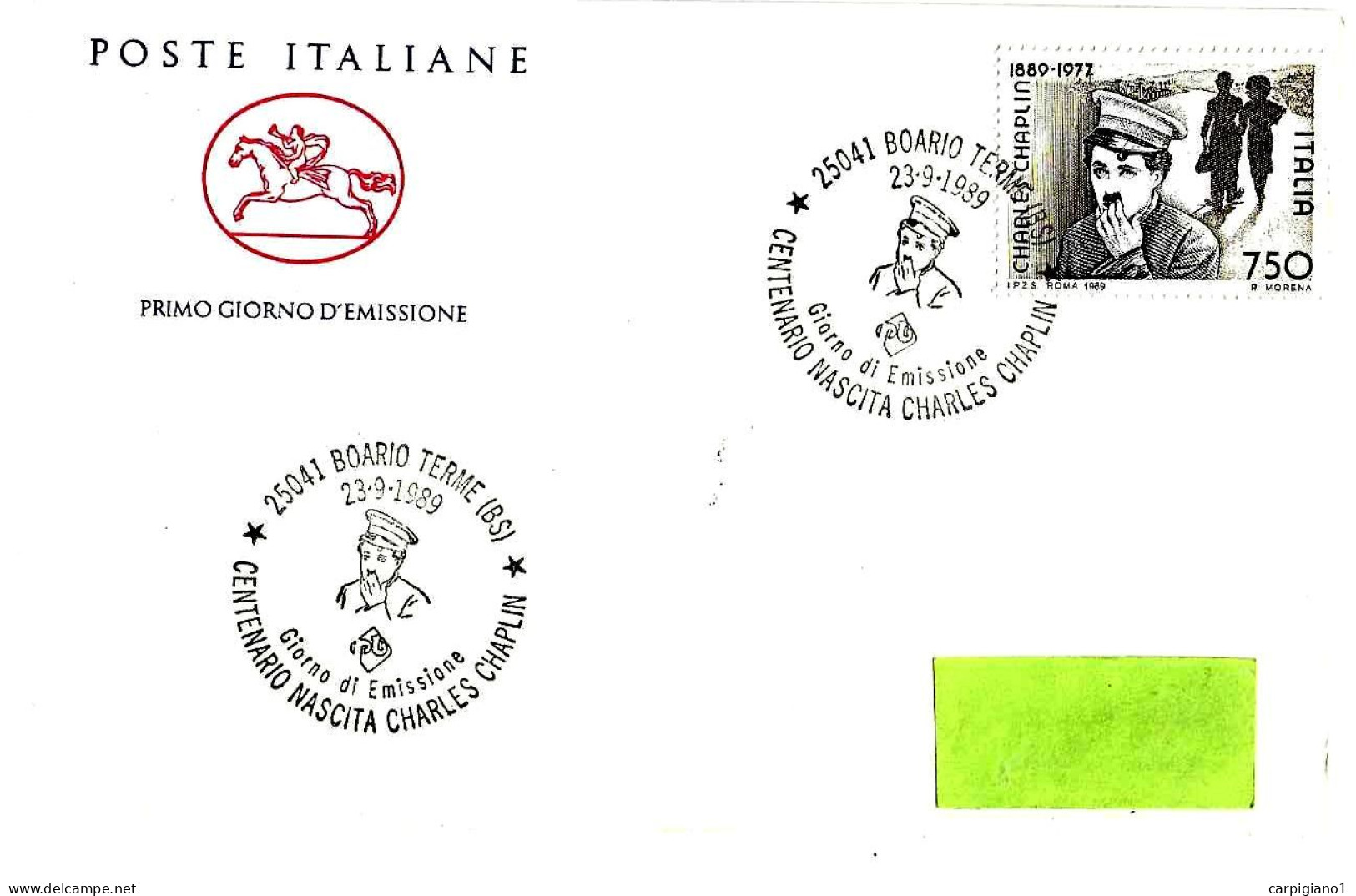 ITALIA ITALY - 1989 BOARIO T. (BS) Cent. Nascita CHARLIE CHAPLIN CHARLOT Su Busta PT Cavallino Fdc Viaggiata - 8343 - 1981-90: Marcofilia