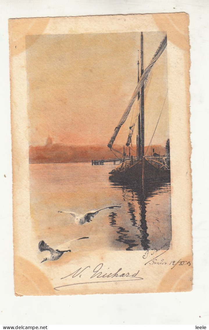 CM45.  Vintage Postcard.  Sailing Boat And Sea Gulls. Signed - Velieri