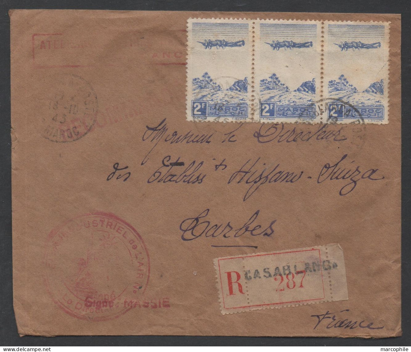 MAROC - CASABLANCA / 1943 LETTRE AVION POUR LES AUTOMOBILES HISPANO SUIZA  A TARBES (ref 8947) - Covers & Documents