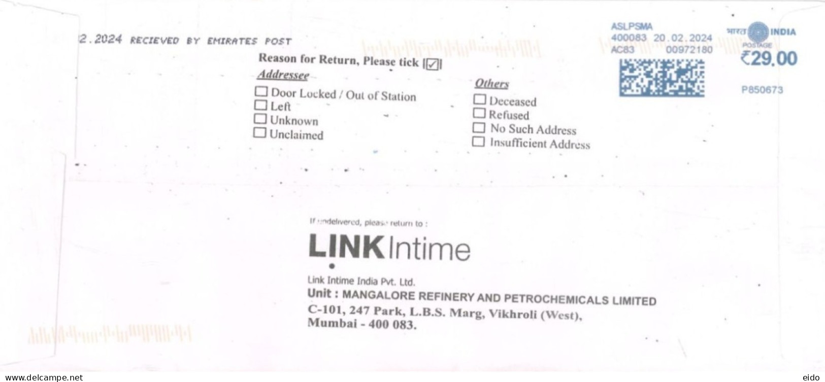 INDIA - 2024 - POSTAL FRANKING MACHINE COVER TO DUBAI.. - Cartas & Documentos