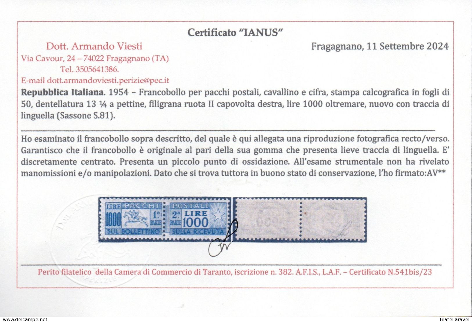 Italia Repubblica - 1954 - Pacchi Postali,1000 Lire "Cavallino",dent. 13¼ A Pettine, Ruota II° Capovolta A Sinistra. TL. - Postpaketten